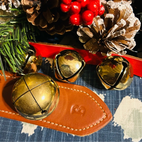 Belsnickle Brass Bell Pair on Leather Straps — 17” & 14” Like New Holiday Decor - Picture 6 of 7